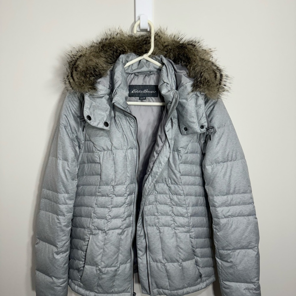 Eddie Bauer Silver Puffer Jacket with Fur Hood